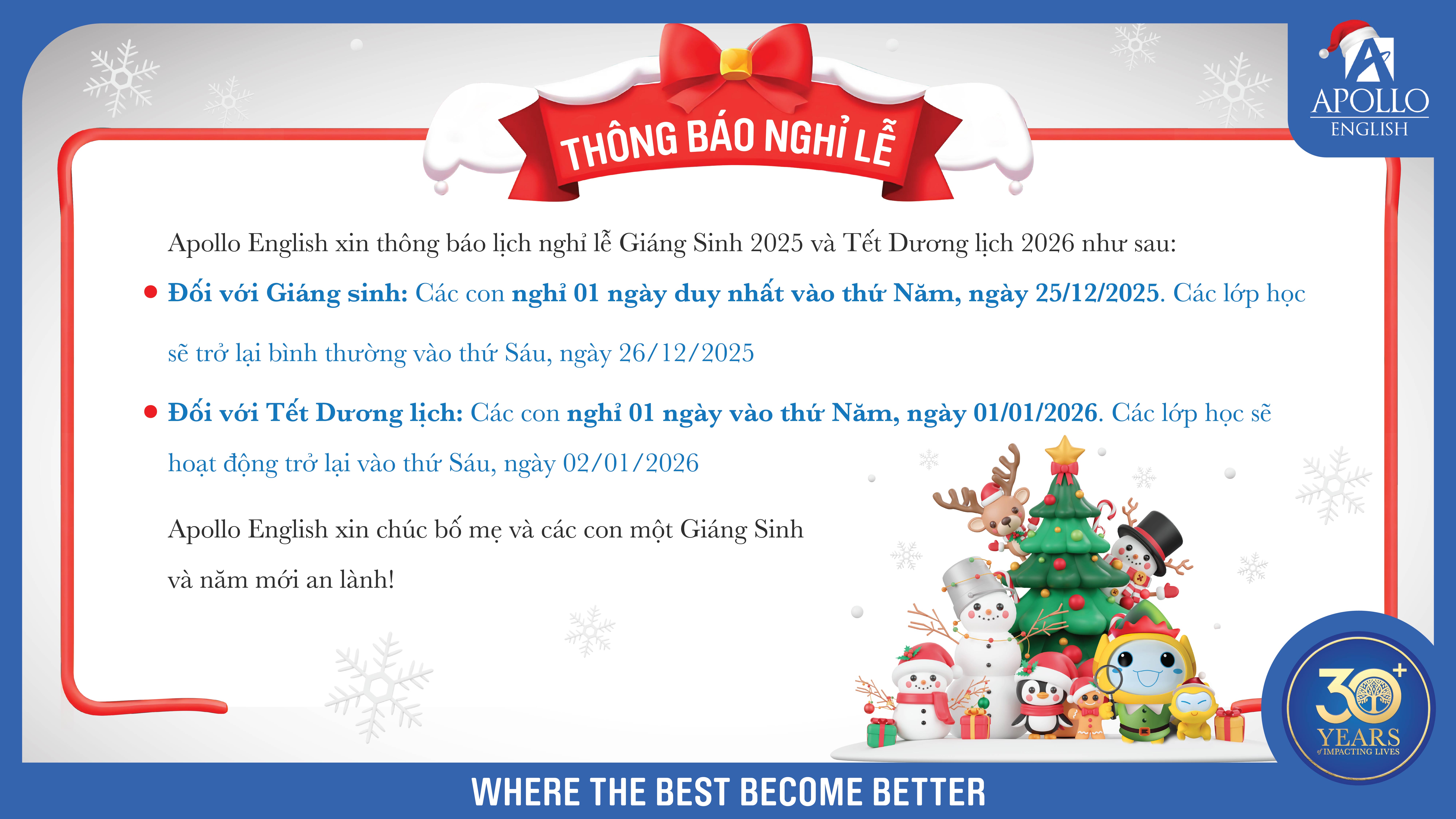 Thông báo nghỉ lễ Giáng Sinh và Tết Dương lịch